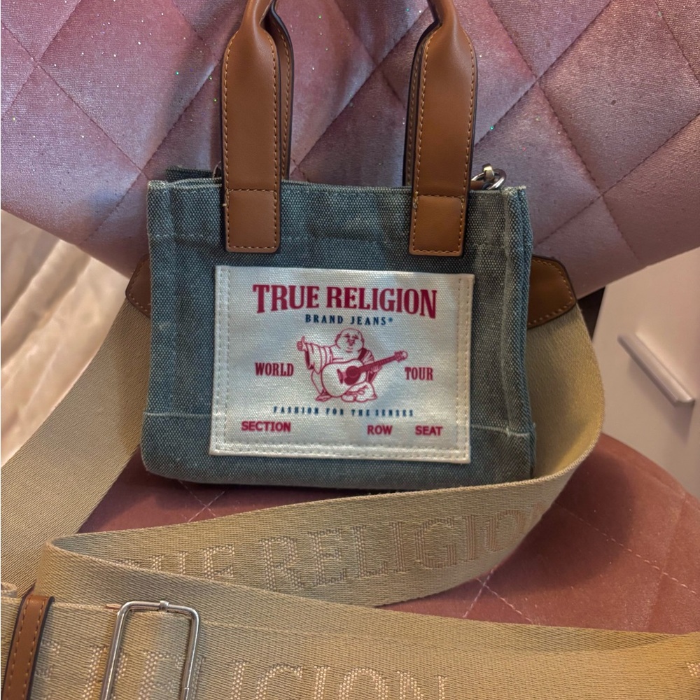 True Religion Blue Denim Tote with Tan Accents